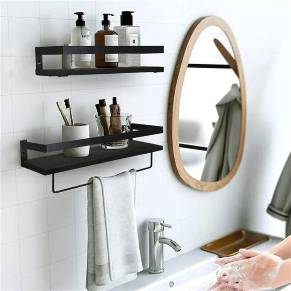 Bathroom Storage Shelf Wall Mounted Set of 2 with Removable Towel Bar (Black)