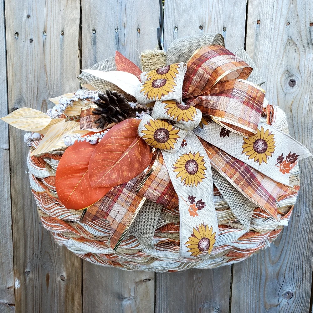 Handmade Ribbon Weaved Fall Rustic Farmhouse Hang Pumpkin
