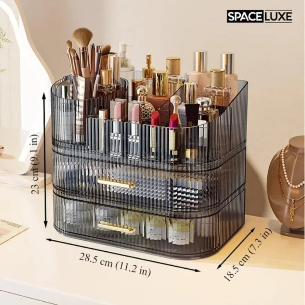 New 3-Layer 360°Rotating Makeup Organizer with Drawers & Brush Holder for Vanity