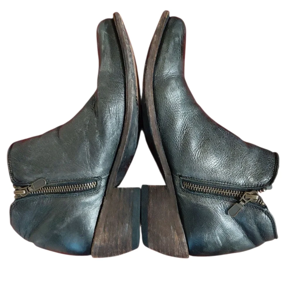 LIBERTY Metallic Black Distressed Leather Ankle Boots 