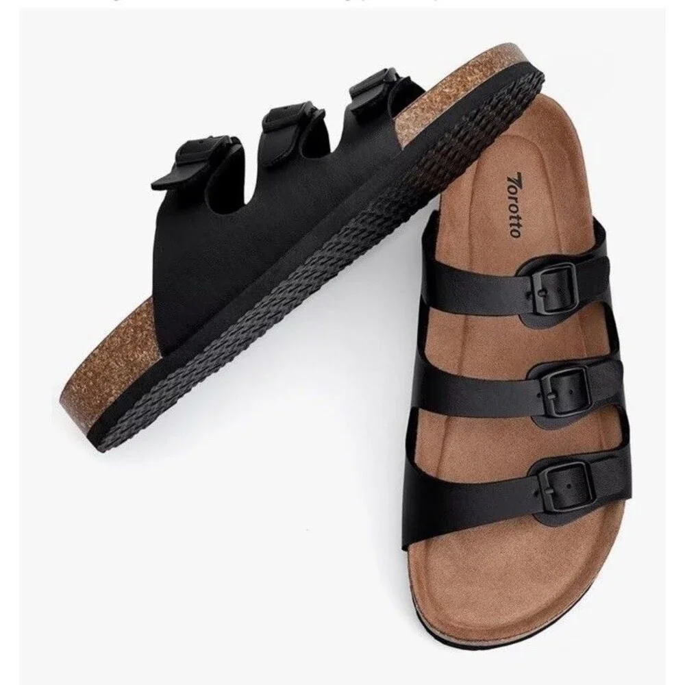 NWT Torotto Mens Slides with Cork Footbed Open Toe Flat Sandals,Black, Size 44