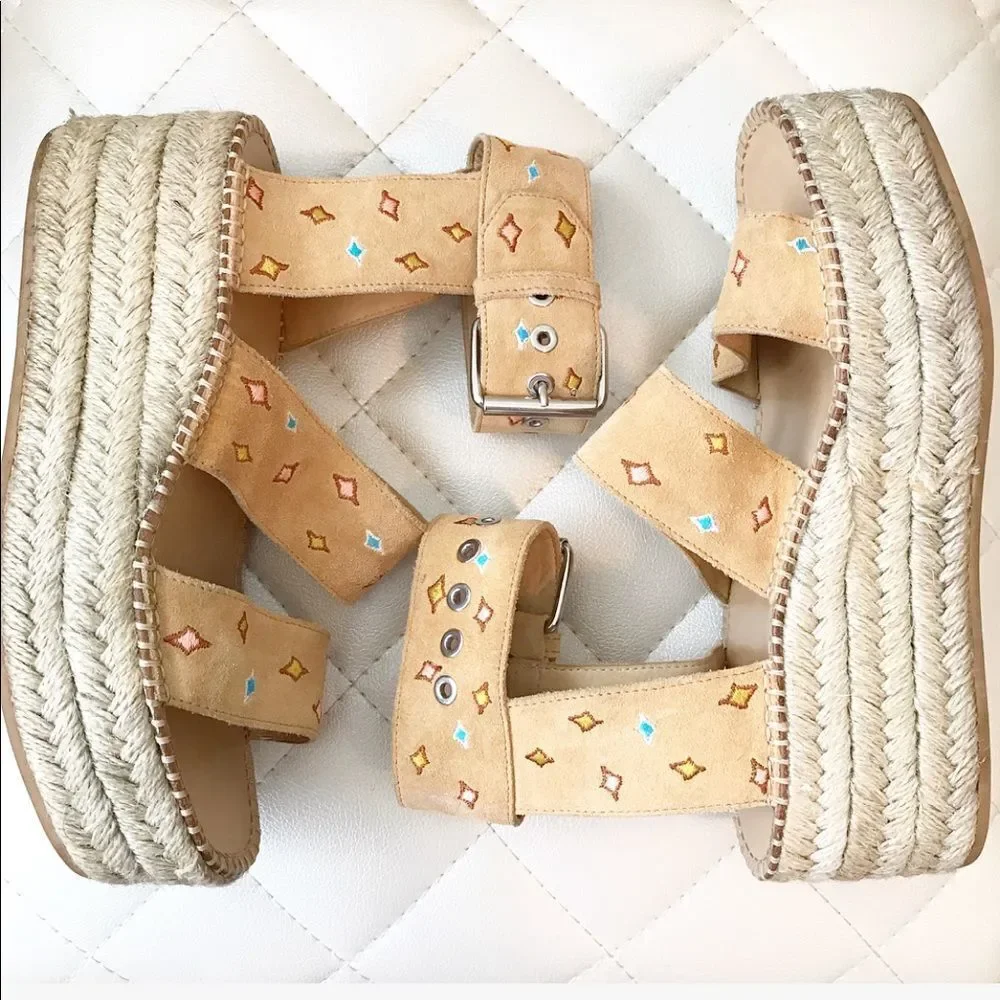 Rag & Bone 8.5 Tara Embroidered suede espadrille platform buckle southwestern