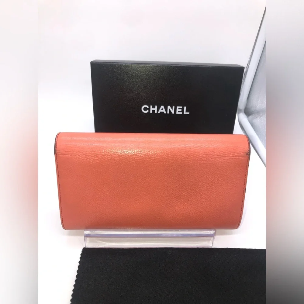🩷CHANEL Wallet Timeless CC Embroidered Top Flap Snap Long Salmon Pink Coral COA