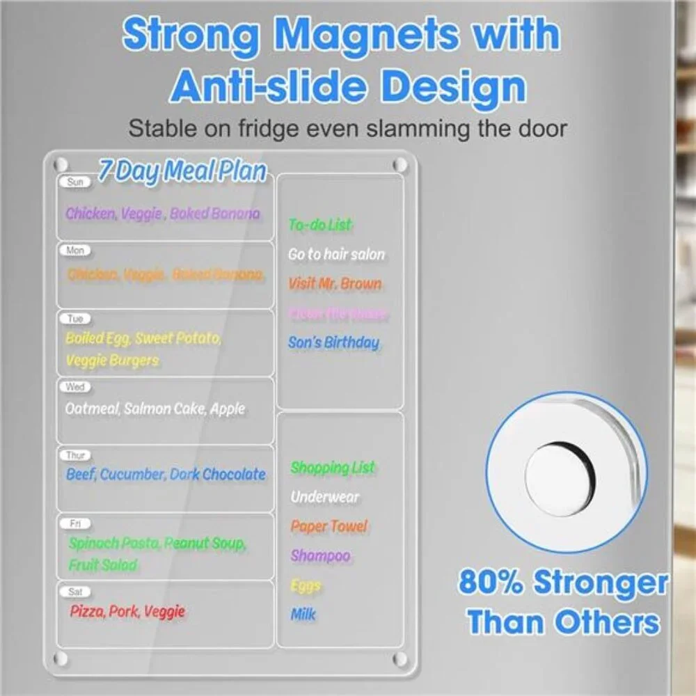 Acrylic Meal Planner Magnetic Menu Board for Kitchen Fridge w/Markers, Clear