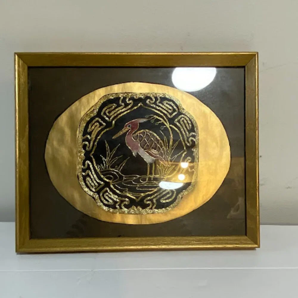 Vintage Gold Tone Heron Medallion Chinoiserie Framed Bird Art