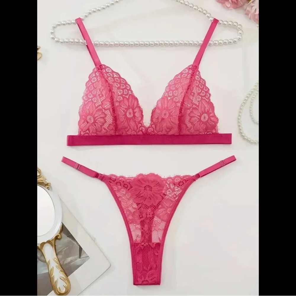 Pink, Floral Lace, Lingerie Set