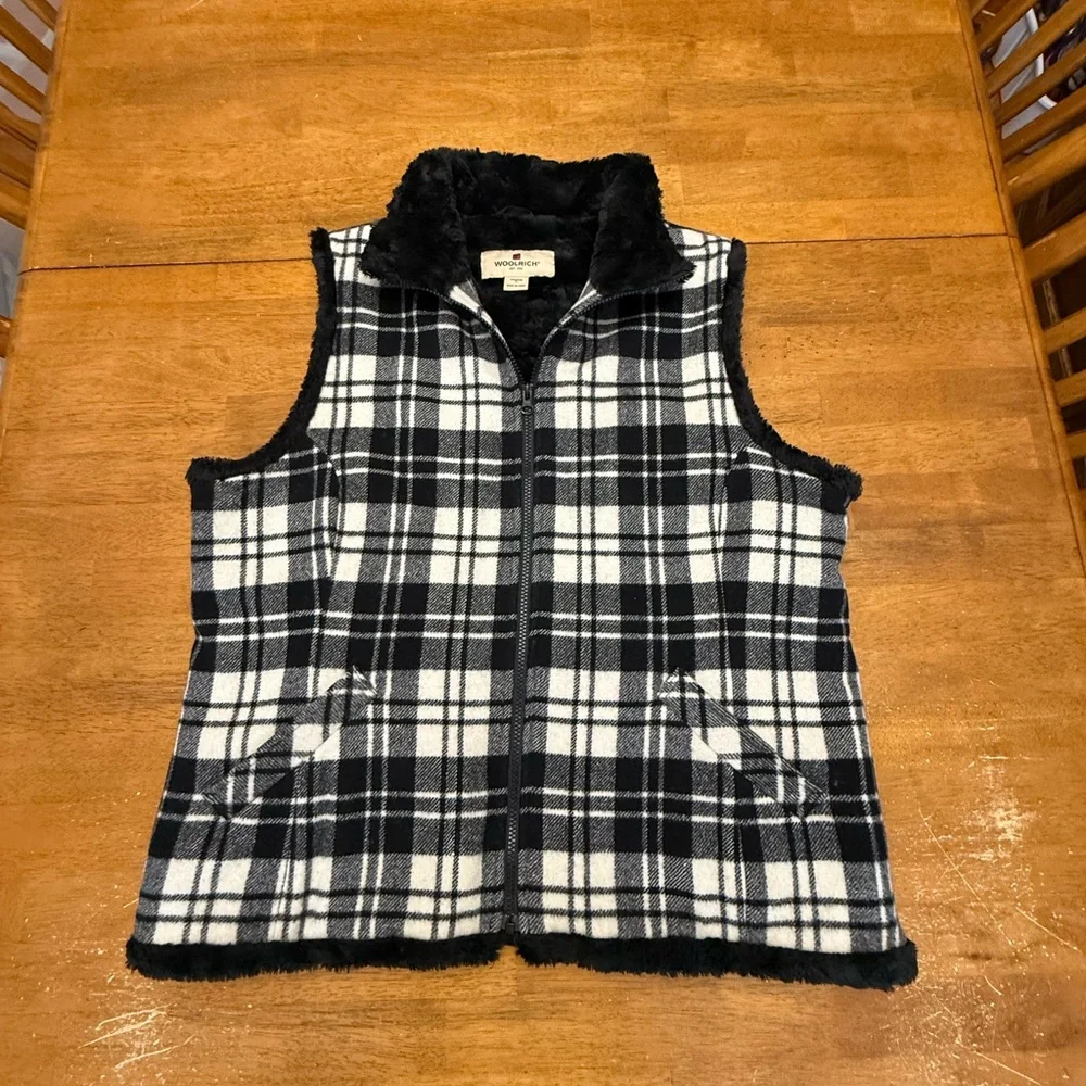 Woolrich Moccasin Plaid Wool Blend Vest with Faux Sherpa Lining XL
