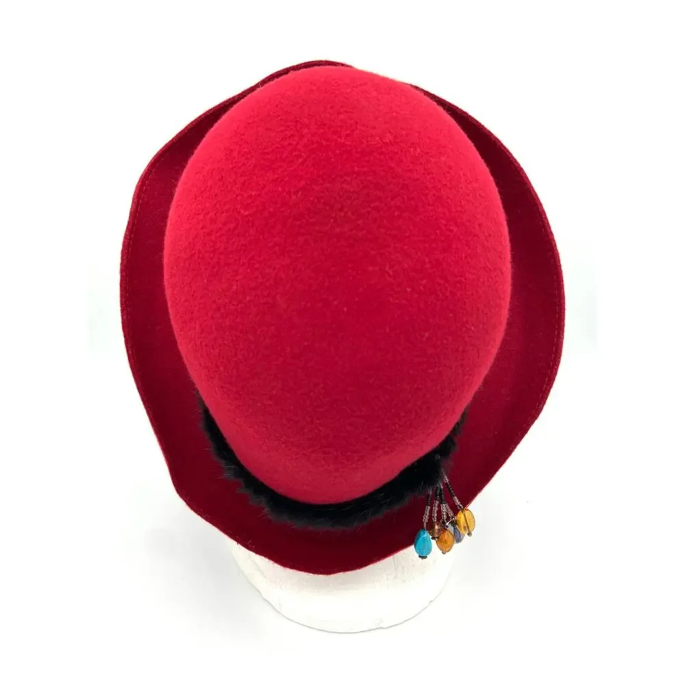 Vintage Liz Claiborne Red Wool Cloche Hat with Mink Fur Trim and Beaded Accent