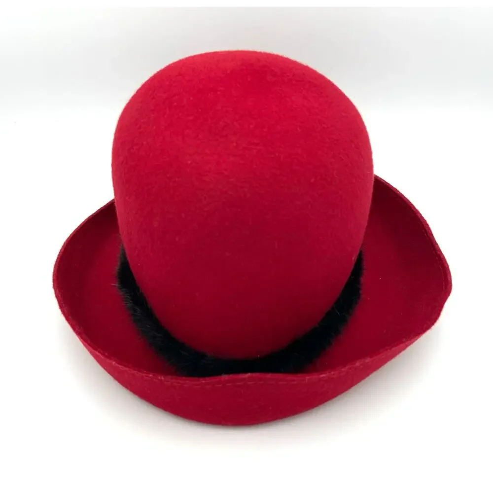 Vintage Liz Claiborne Red Wool Cloche Hat with Mink Fur Trim and Beaded Accent