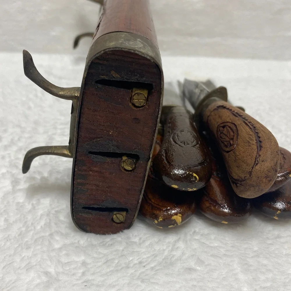 Vintage Carved Wood Steak Knives Set with Box, Antique Serving Knives, Set of‎ 6