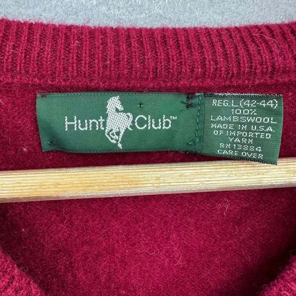 VTG Hunt Club Lambswool V-Neck Sweater Burgundy Red Made in USA SZ L 1990s Prep