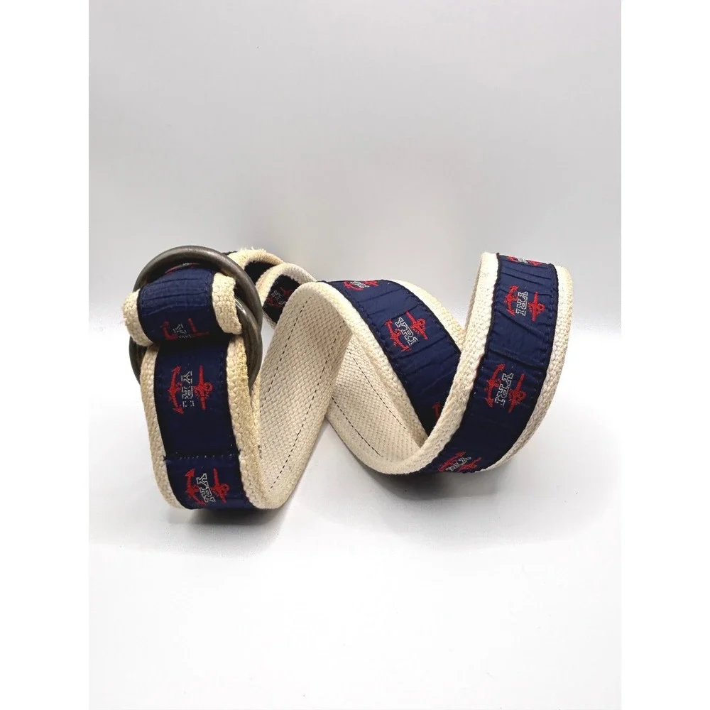 YRI Sailing Research Navy Anchor Embroidered Canvas D-Ring Belt Cream 41.5 Inch