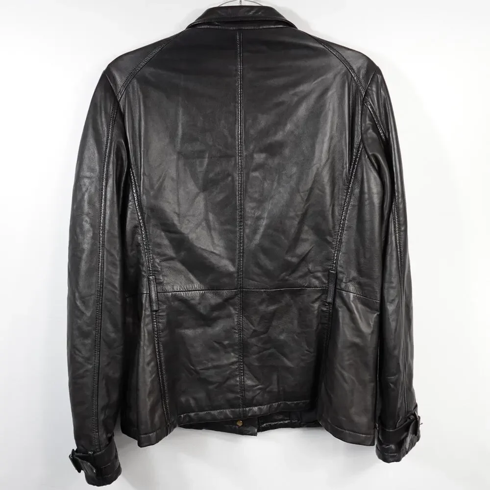 Longhi Black Leather Collared Cargo Utility Moto Biker Jacket Men's 46 Small