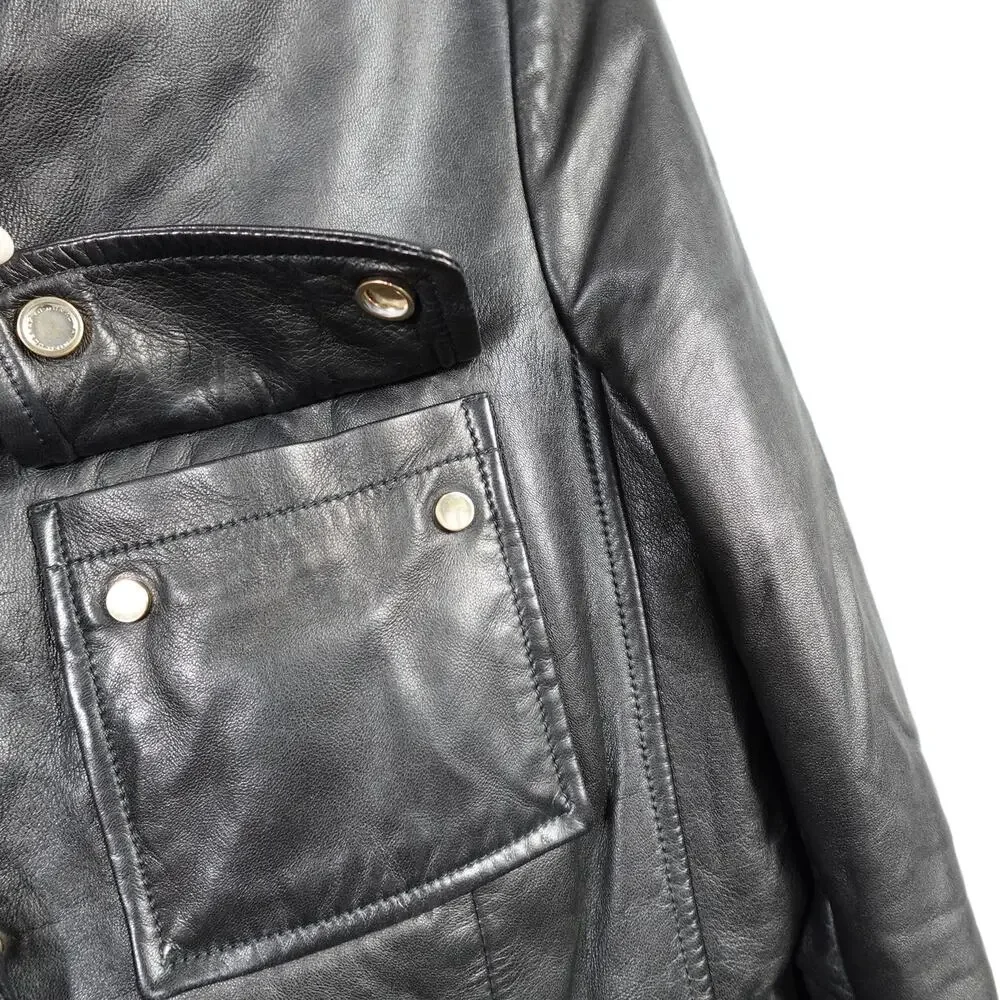Longhi Black Leather Collared Cargo Utility Moto Biker Jacket Men's 46 Small