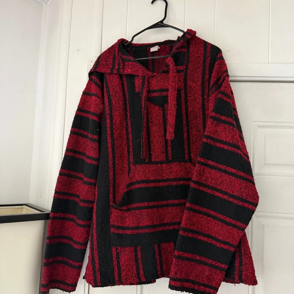 Bold red and black Lina Men's Red and Black Striped baggy oversized hippie hoode