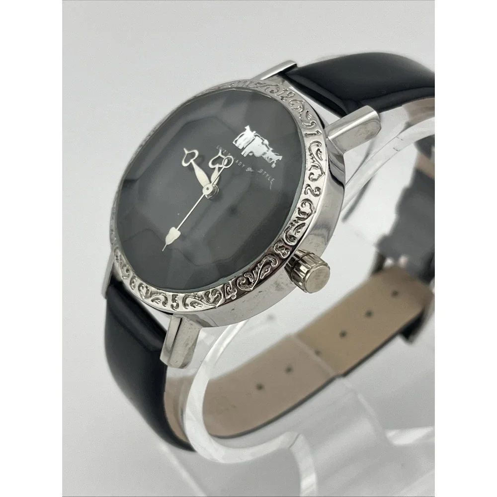 Luiz's Lady Style Watch 38mm Faceted Crystal Black Leather Band- New Battery‎