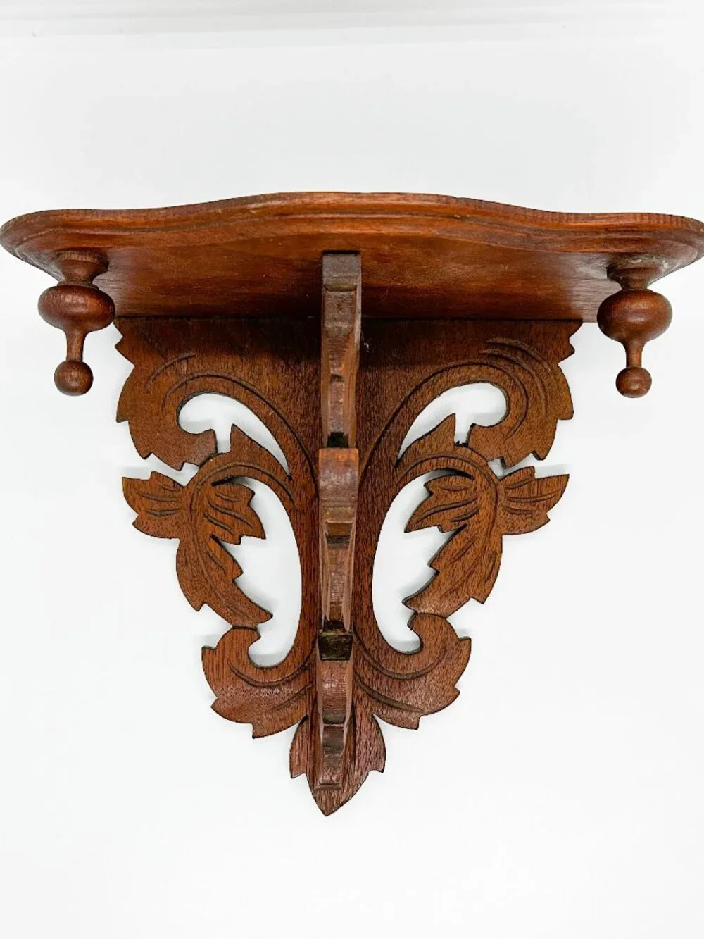 Vintage 70's MCM Wood Carved Wall Shelf Trinket Leaves Retro Cottagecore Nature