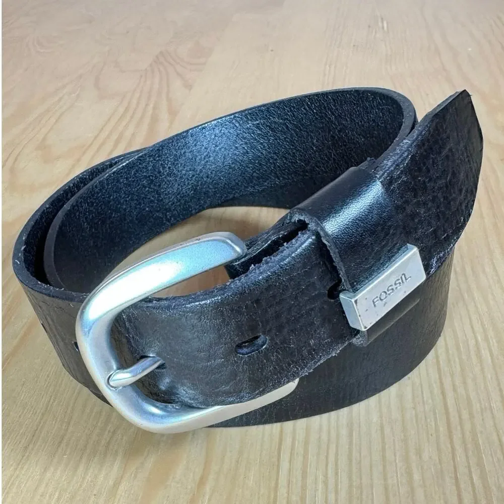 VTG 90s Y2K Mens Fossil Belt Black Leather Silver Hardware Medium 32-34