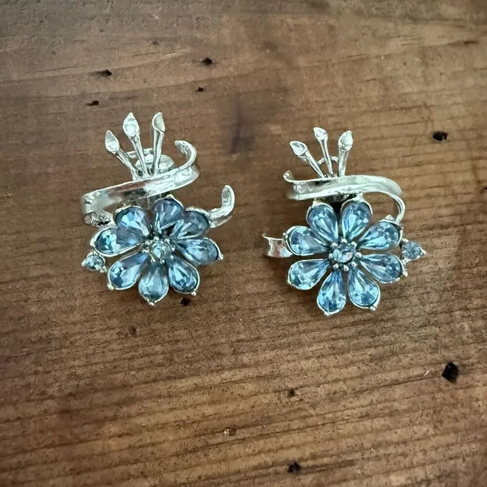 1950s Vintage Coro Rhinestone Earrings Light Pastel Blue Rhinestone Flowers Fanf