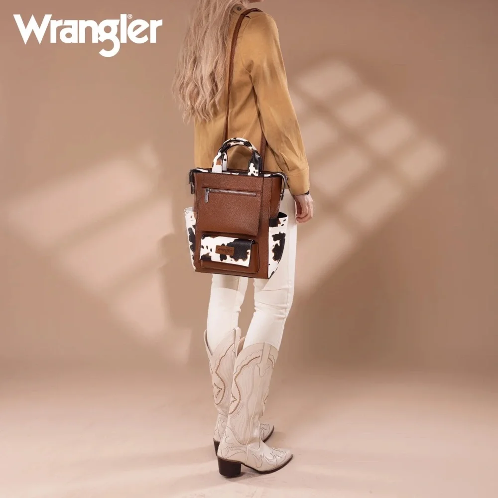 Wrangler Cow Print Tote/Shoulder Bag Convertible Backpack - Brown-Brown