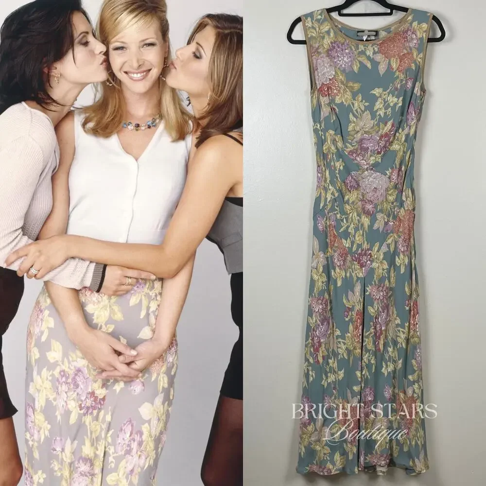 Super Rare Floral Maxi Dress ALT ASO Phoebe Buffay Friends Green Sleeveless VTG