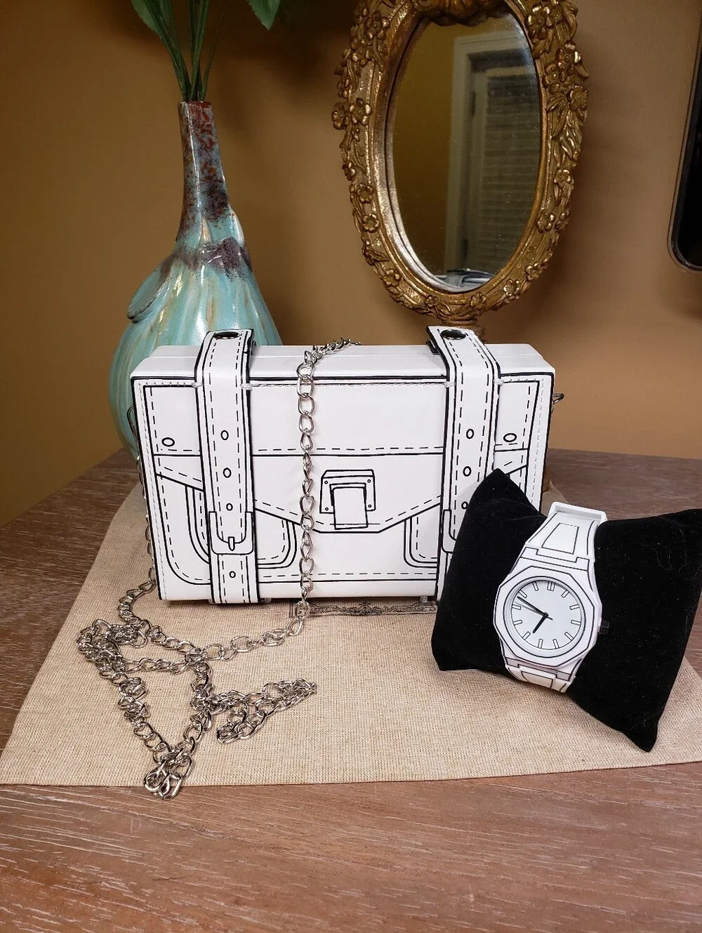 White Cartoon-Style Clutch / Crossbody Bag w/ Chain Strap & Matching Watch NWT!