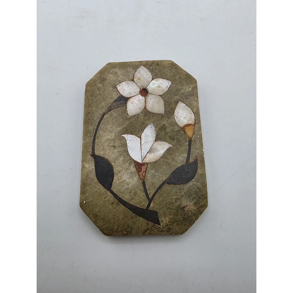 Vintage Indian Soapstone Trinket Box Floral Inlay Hand Carved SERRV Decor