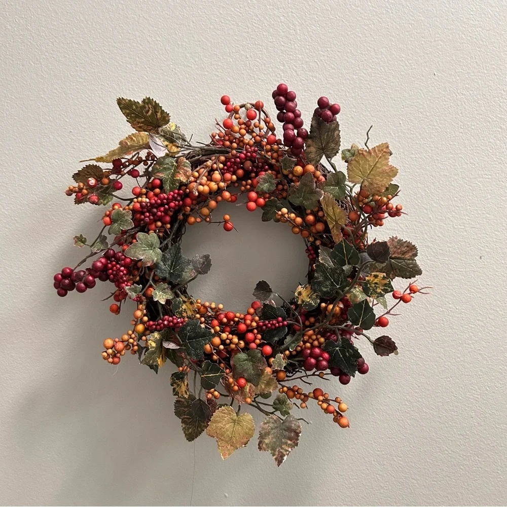 10” Fall Foliage Wreath / Tabletop Candle Ring of Grapevine & Berries