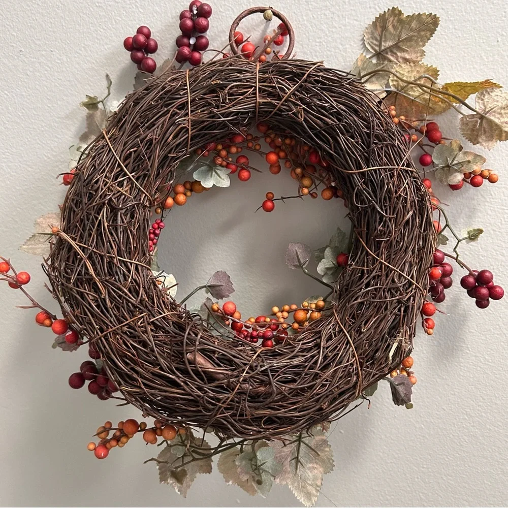 10” Fall Foliage Wreath / Tabletop Candle Ring of Grapevine & Berries