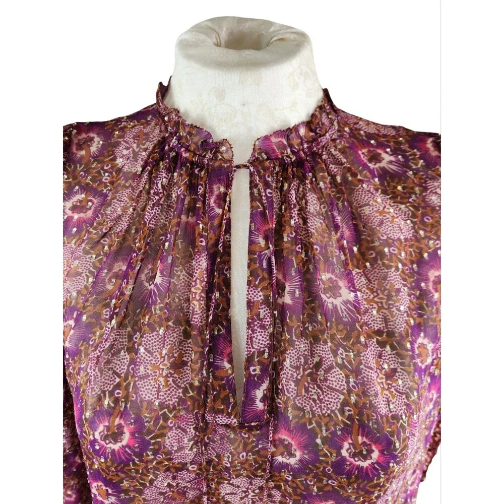 Ulla Johnson Marilla Blouse Silk Floral Sheer Ruffle Metallic Pink Top 8