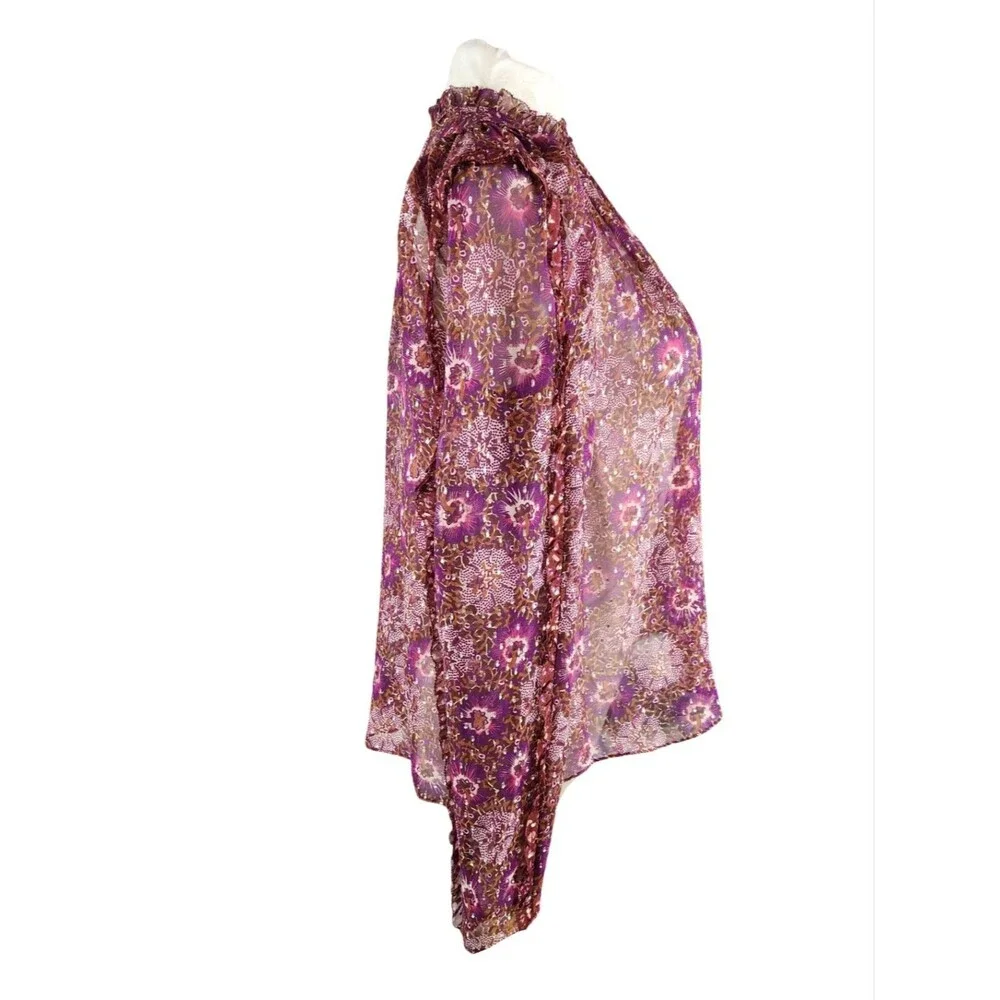 Ulla Johnson Marilla Blouse Silk Floral Sheer Ruffle Metallic Pink Top 8