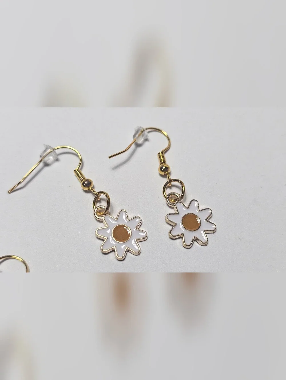 Gold Daisy Drop Earrings with White Enamel