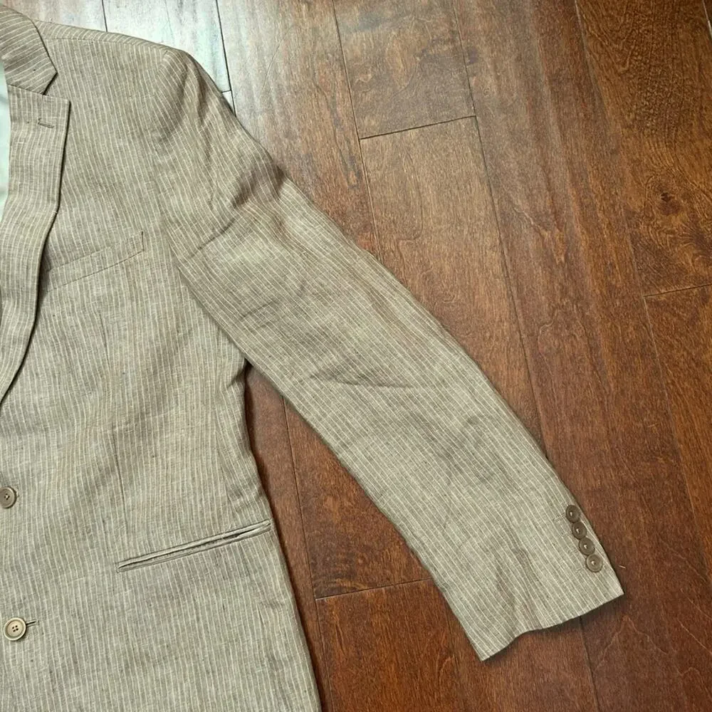 Bar III 100% Linen Light Brown Pinstripe Blazer, Size 42L