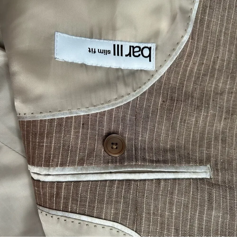 Bar III 100% Linen Light Brown Pinstripe Blazer, Size 42L
