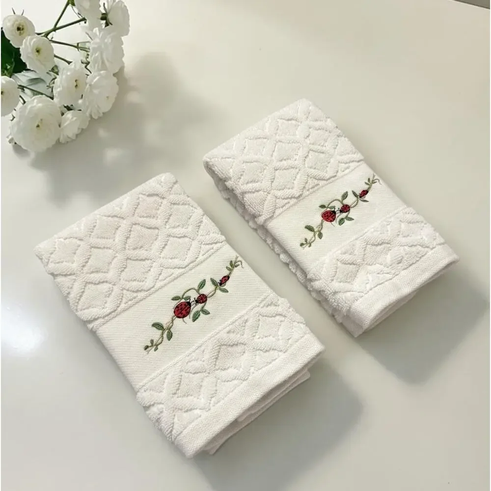 SET Bianca Jacquard Ladybug Fingertip Hand Towels Embroidered Portugal RETIRED