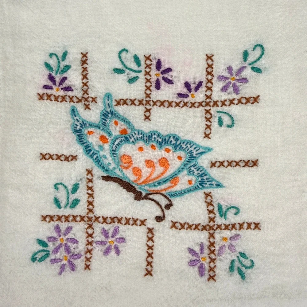 Vtg Hand Embroidered LARGE Butterfly Tea Towels Set of 3 White‎ Cotton Floral