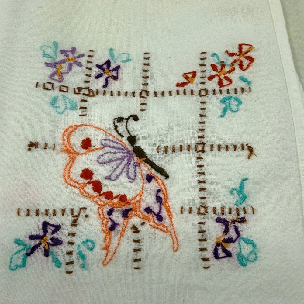 Vtg Hand Embroidered LARGE Butterfly Tea Towels Set of 3 White‎ Cotton Floral
