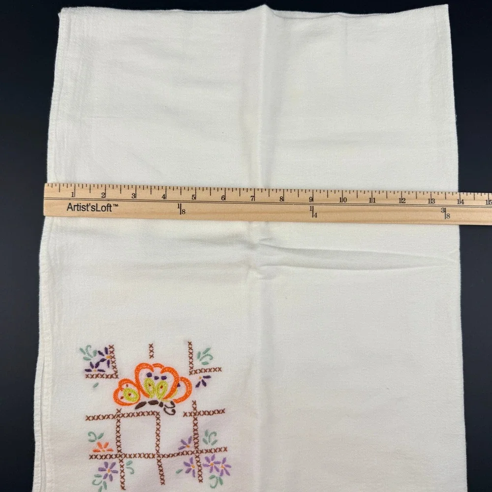 Vtg Hand Embroidered LARGE Butterfly Tea Towels Set of 3 White‎ Cotton Floral