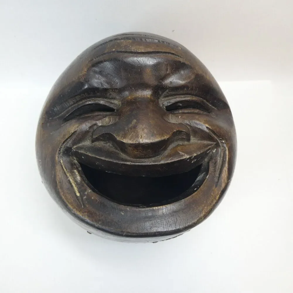 Hand Carved Wooden Face Bowl Mask Lid Vintage MCM Tribal Open Mouth