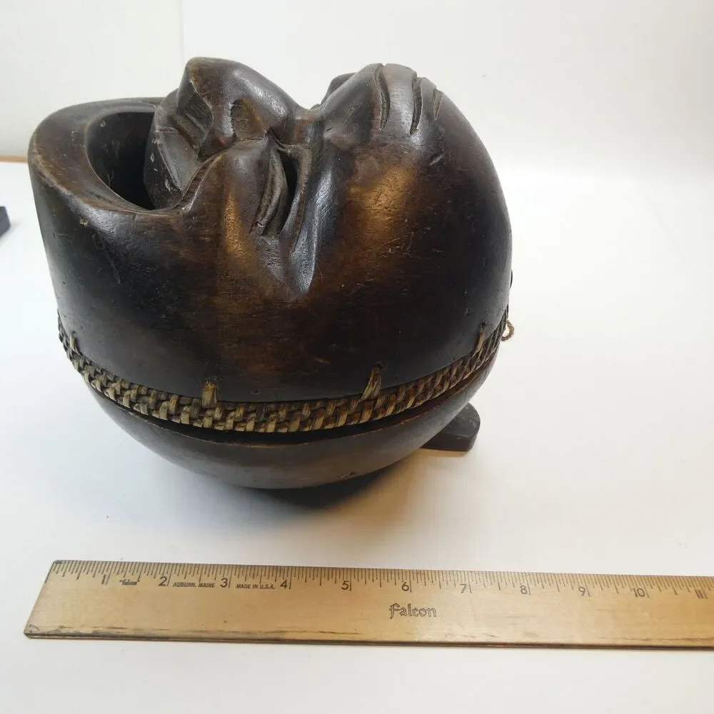 Hand Carved Wooden Face Bowl Mask Lid Vintage MCM Tribal Open Mouth