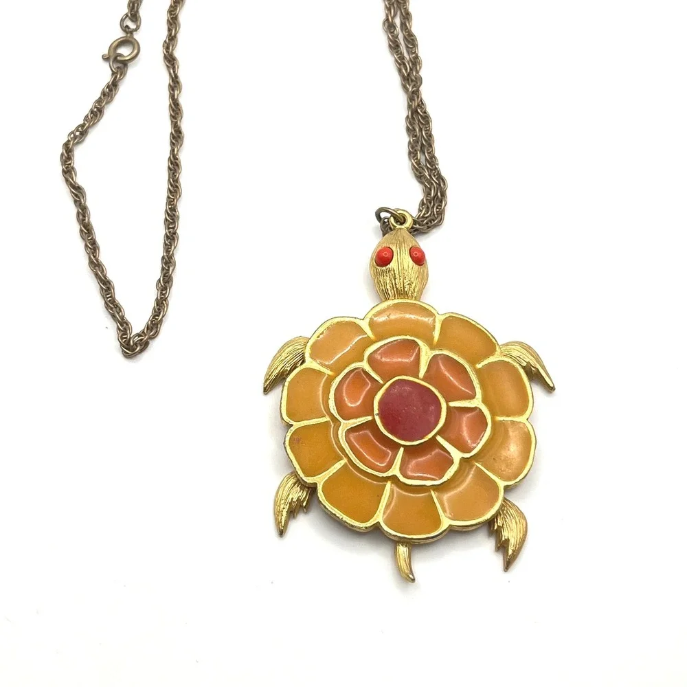 Vintage Enamel Turtle Pendant Necklace Gold Tone Orange Yellow Red