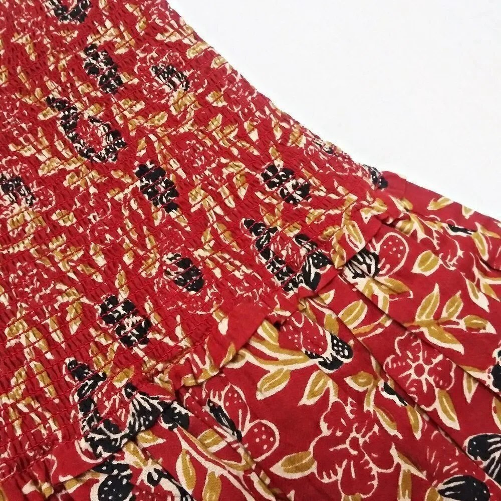 New ALIX OF BOHEMIA Floral Layered Tiered Ruffle Skirt / Smocked Top India Red M