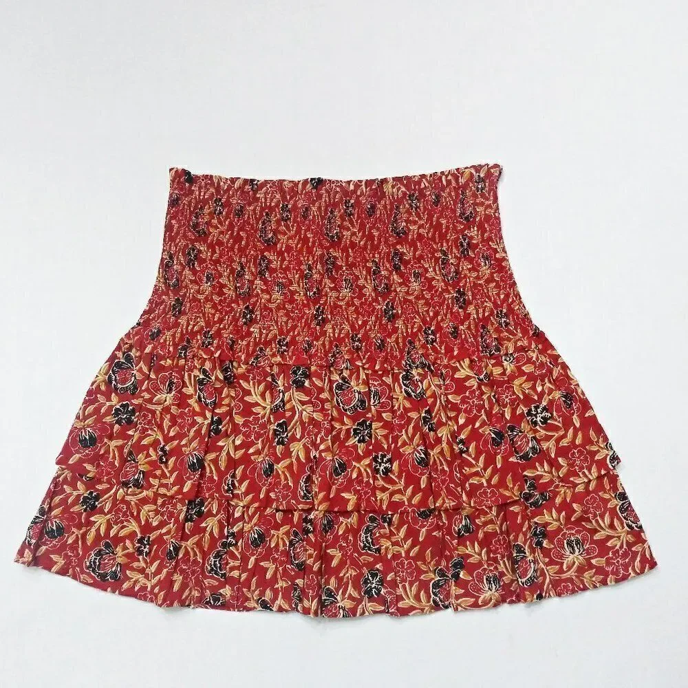 New ALIX OF BOHEMIA Floral Layered Tiered Ruffle Skirt / Smocked Top India Red M