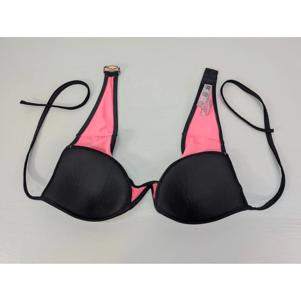 Victoria's Secret PINK Bra‎ Black Pink Tie Back Lined Sexy Beach C80/M D75/E75