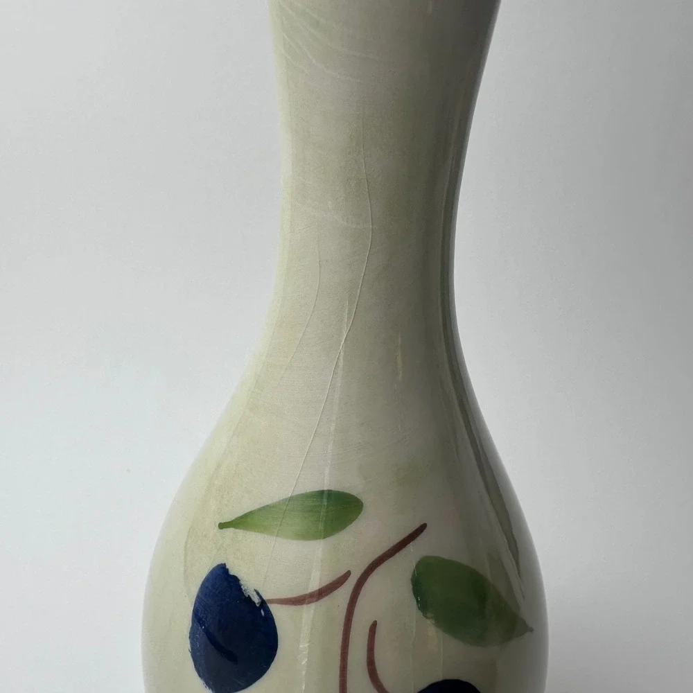 Ceramica AM Italy Hand Decorated Olive Branch Ceramic Vase Blue Cream 10 Inch