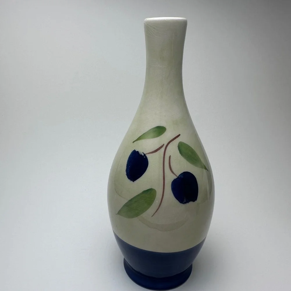 Ceramica AM Italy Hand Decorated Olive Branch Ceramic Vase Blue Cream 10 Inch