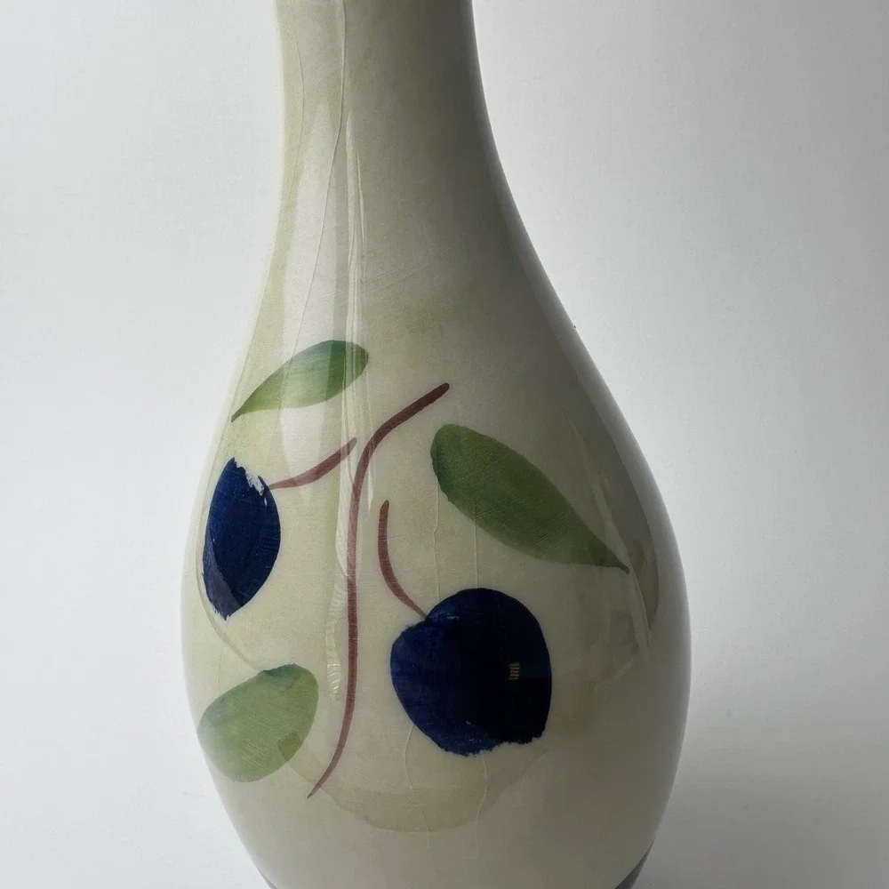 Ceramica AM Italy Hand Decorated Olive Branch Ceramic Vase Blue Cream 10 Inch