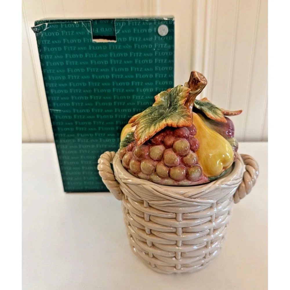 Fitz‎ And Floyd Country Gourmet Biscuit Jar Fruit Basket Cookie Lidded With Box