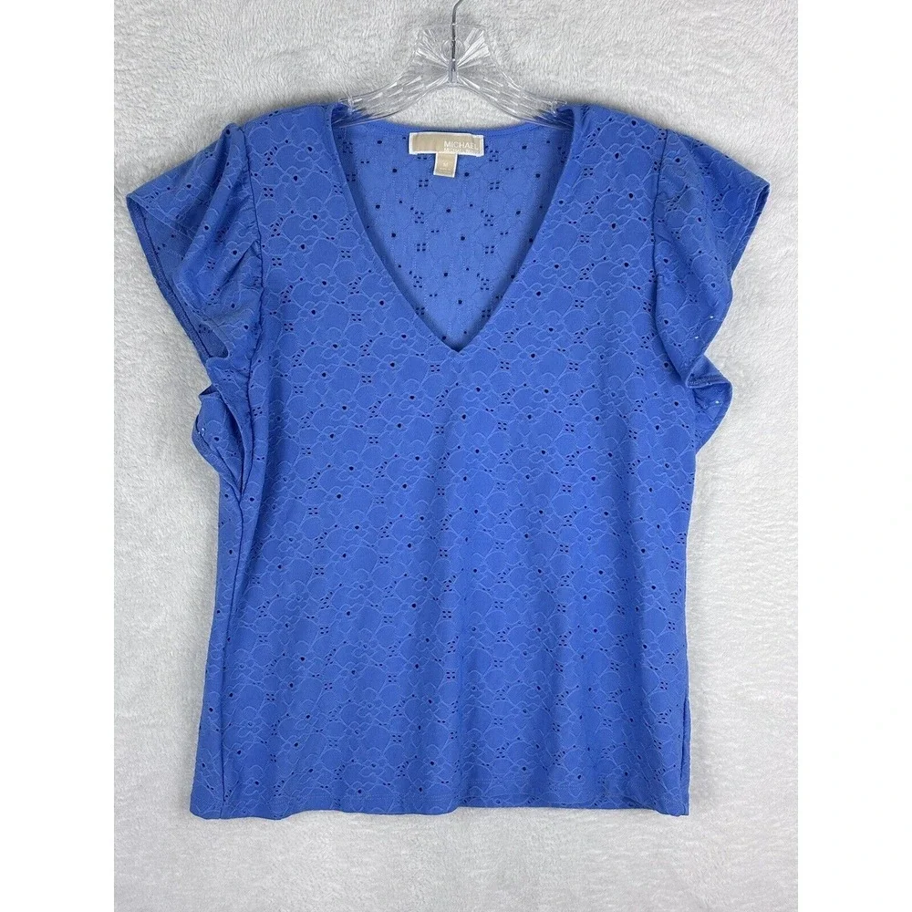 MICHAEL KORS Women's Blue Floral Embroidered V-Neck‎ Top Size M