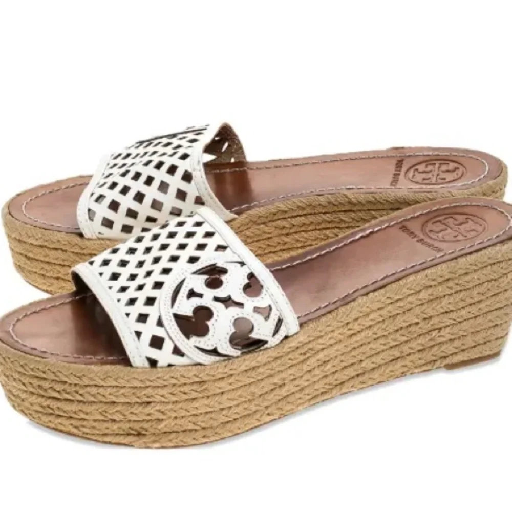 Tory Burch Sz 9 White Leather Logo Espadrille Wedge Platform Sandals Slide